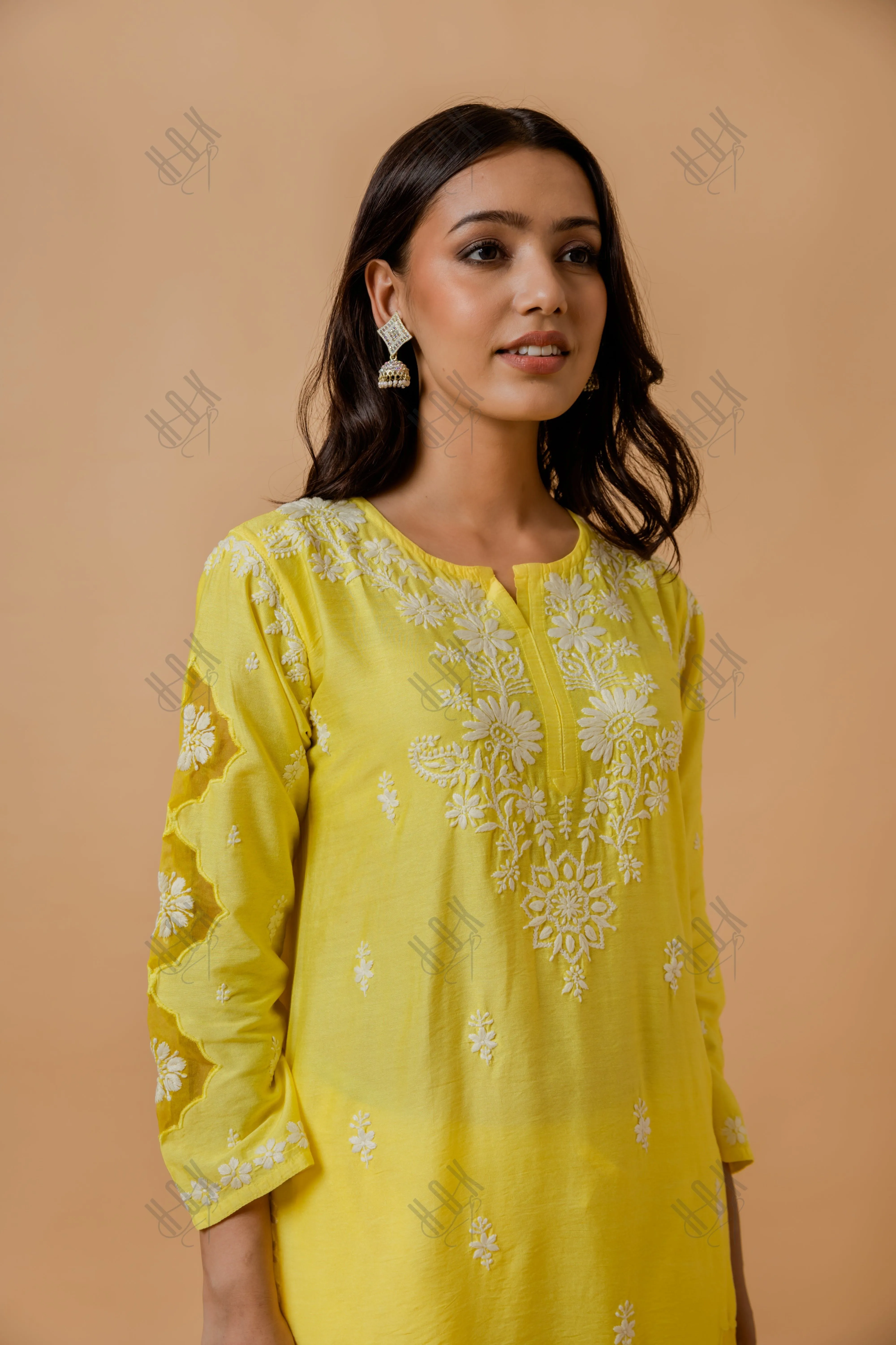 Fizaa Yellow Chikankari Chanderi Silk Kurta