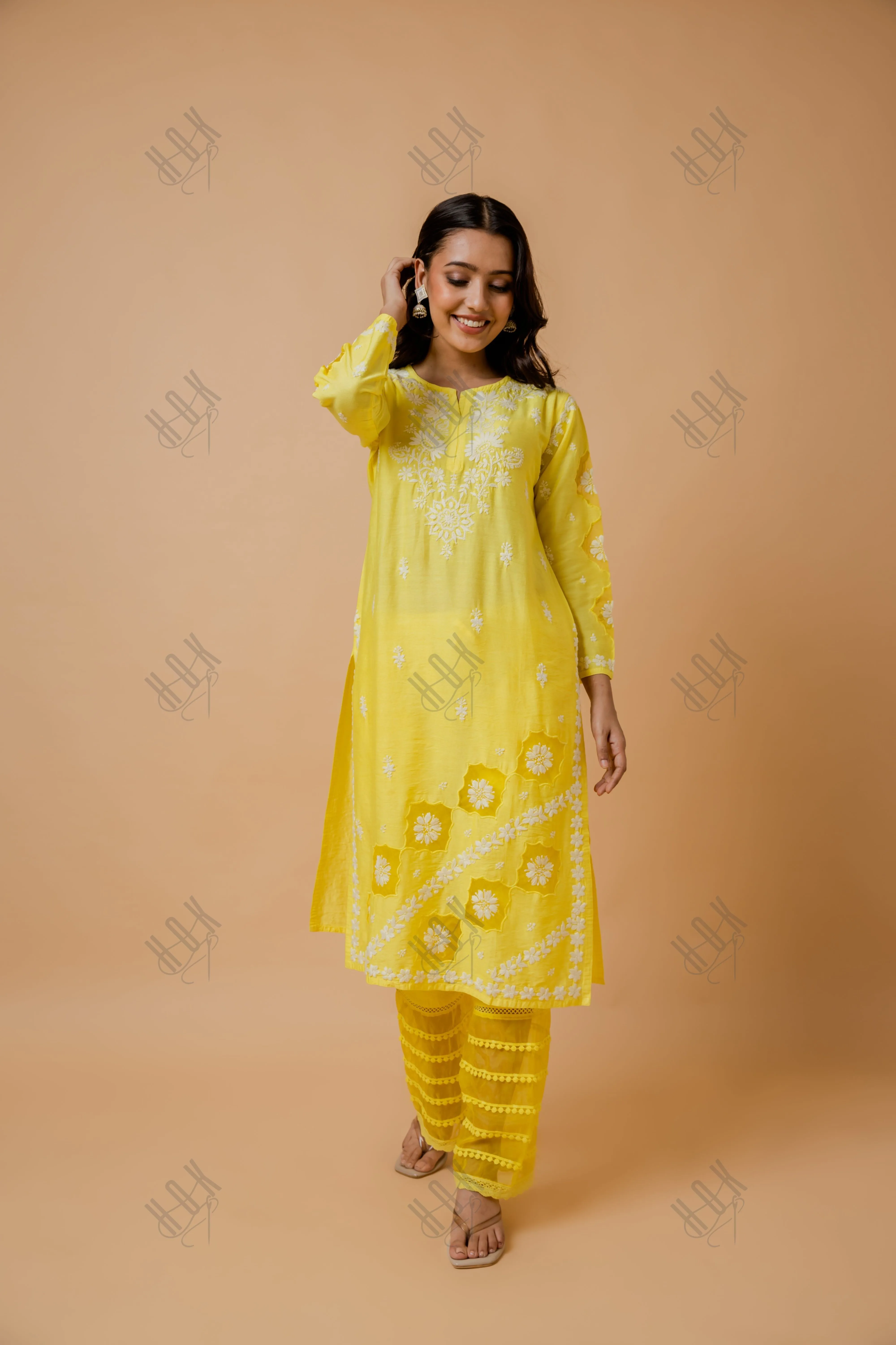 Fizaa Yellow Chikankari Chanderi Silk Kurta