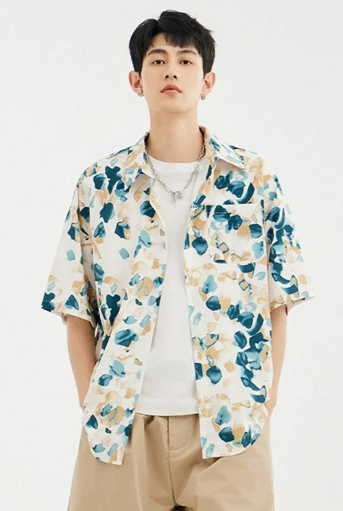 Floral Stamp Print Short Sleeve Button-Up Shirt