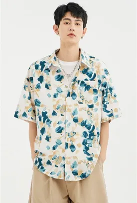 Floral Stamp Print Short Sleeve Button-Up Shirt