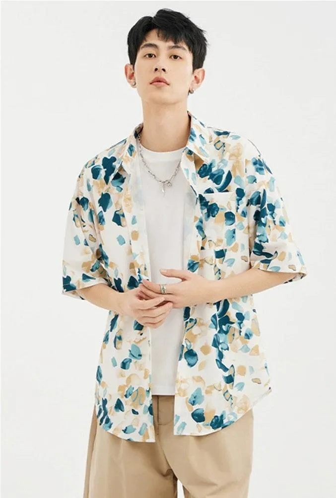 Floral Stamp Print Short Sleeve Button-Up Shirt