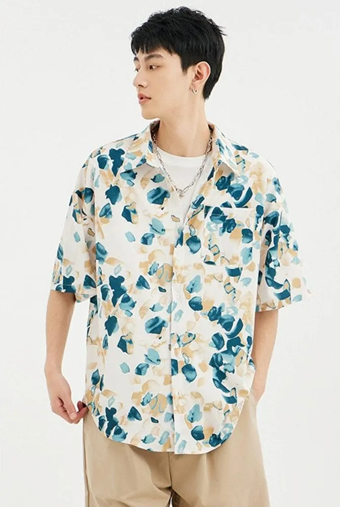 Floral Stamp Print Short Sleeve Button-Up Shirt