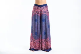 Geometric Mandalas Straight Cut Wide Leg Palazzo with Elastic Back Waistband in Blue