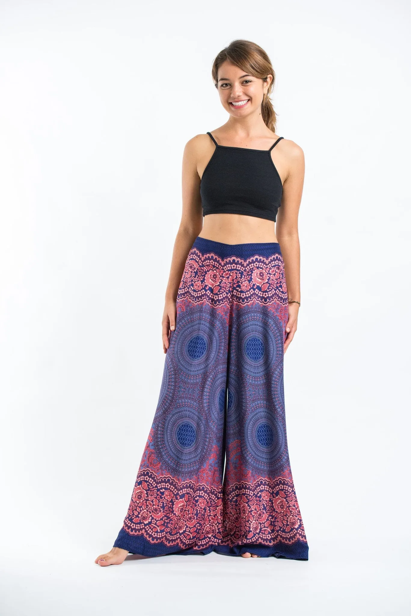 Geometric Mandalas Straight Cut Wide Leg Palazzo with Elastic Back Waistband in Blue