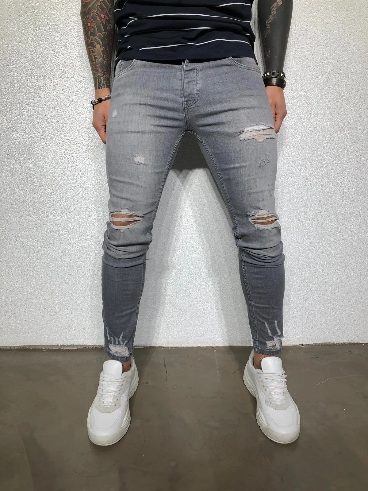 Gray Washed Ripped Ultra Skinny Fit Denim BL205 Streetwear Jeans