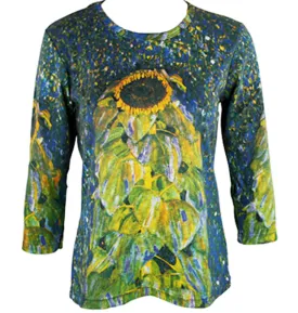 Gustav Klimt - Sunflowers 3/4 Sleeve Scoop Neck Hand Silk Screened Artistic Top