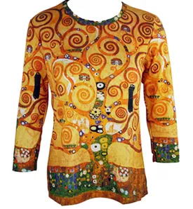 Gustav Klimt Tree of Life, Scoop Neck 3/4 Sleeve Hand Silk-Screened Novelty Art Top