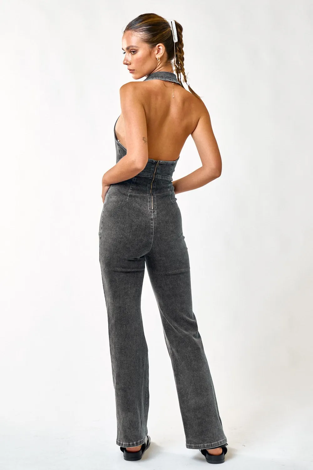 Halter Neck Flare Denim Jumpsuit Washed Black