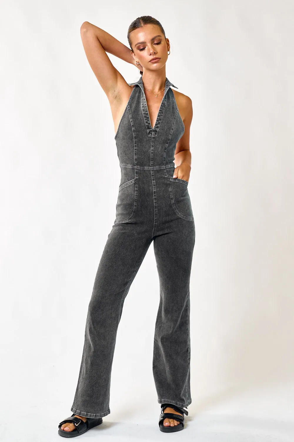 Halter Neck Flare Denim Jumpsuit Washed Black