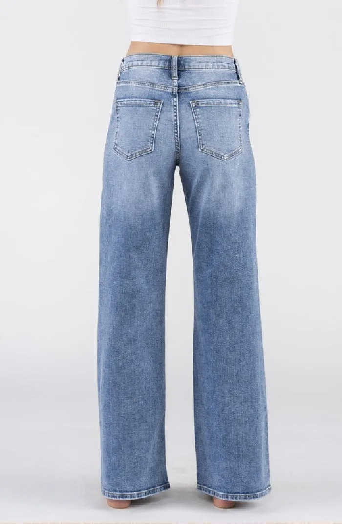 High Waisted Wide Leg Stretch Denim | Medium Wash