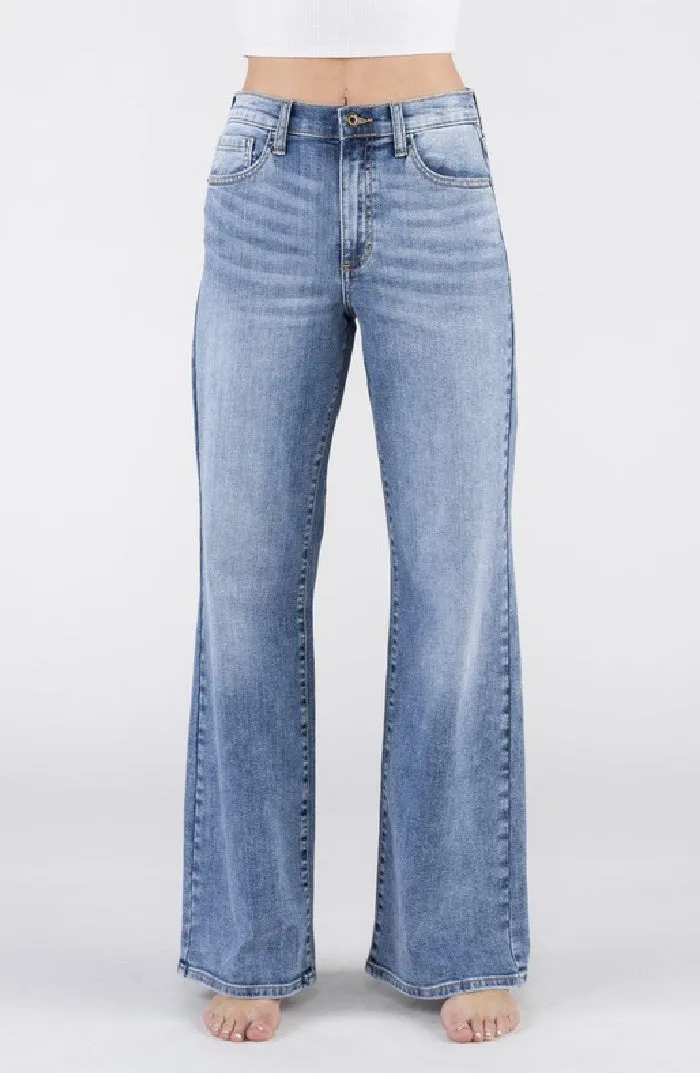 High Waisted Wide Leg Stretch Denim | Medium Wash