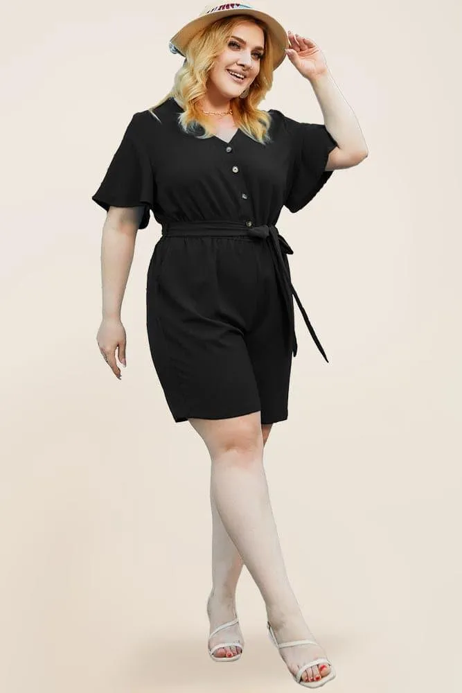 HN Women Plus Size Romper Short Sleeve V-Neck Elastic Waist Playsuit