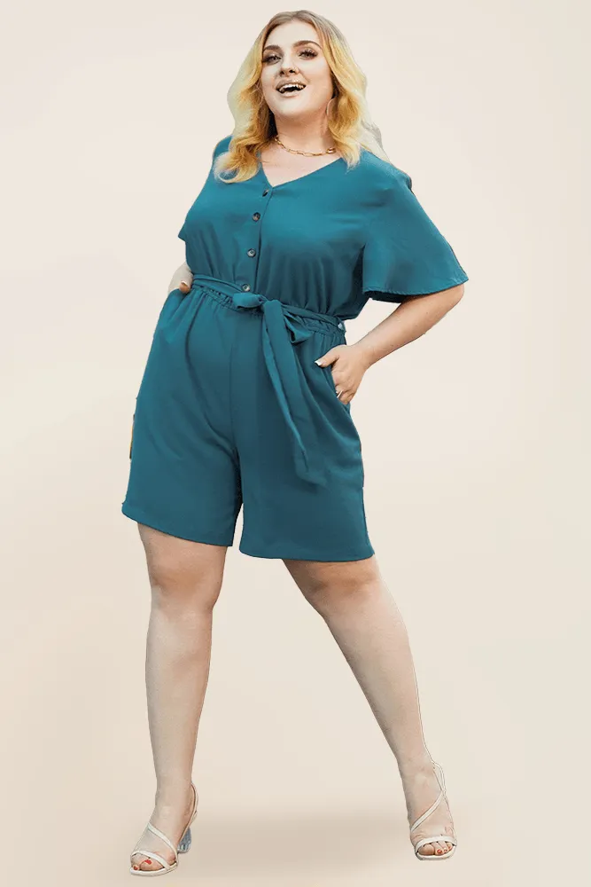 HN Women Plus Size Romper Short Sleeve V-Neck Elastic Waist Playsuit