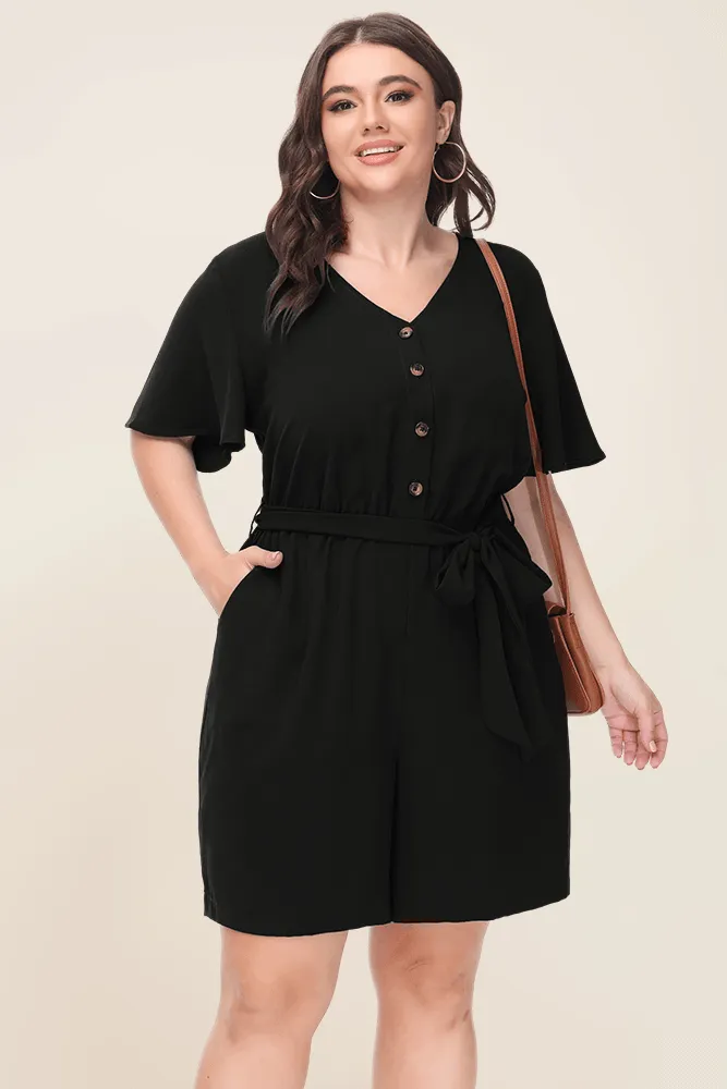 HN Women Plus Size Romper Short Sleeve V-Neck Elastic Waist Playsuit