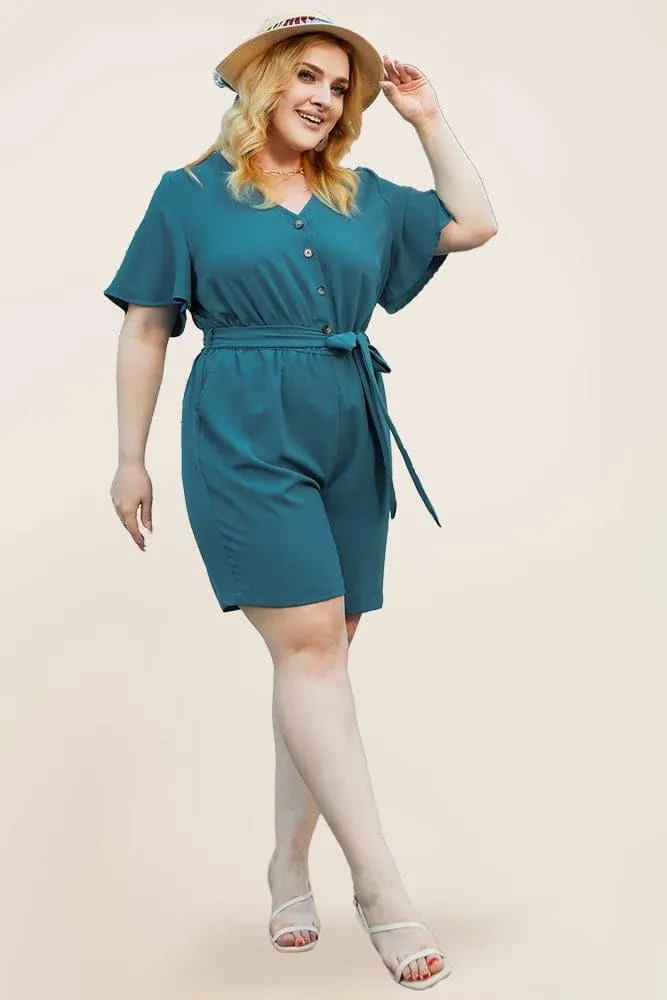 HN Women Plus Size Romper Short Sleeve V-Neck Elastic Waist Playsuit