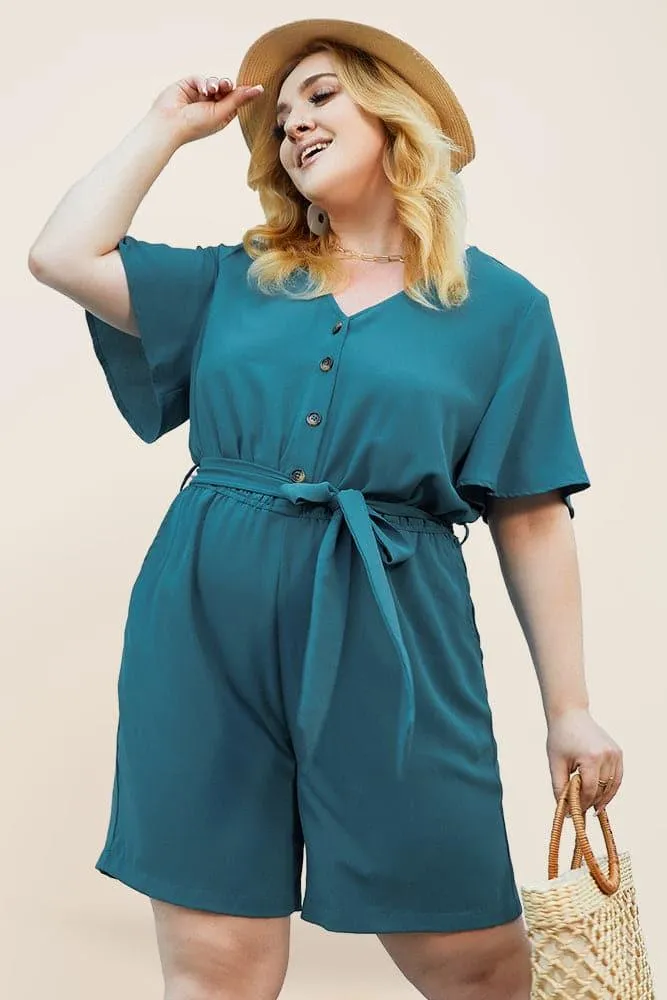 HN Women Plus Size Romper Short Sleeve V-Neck Elastic Waist Playsuit