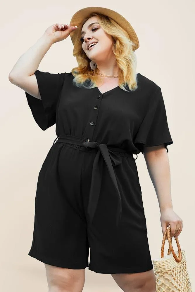 HN Women Plus Size Romper Short Sleeve V-Neck Elastic Waist Playsuit