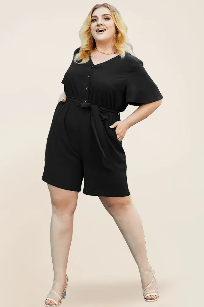 HN Women Plus Size Romper Short Sleeve V-Neck Elastic Waist Playsuit