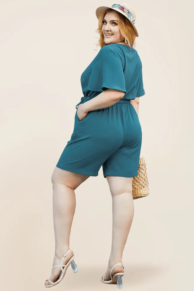 HN Women Plus Size Romper Short Sleeve V-Neck Elastic Waist Playsuit