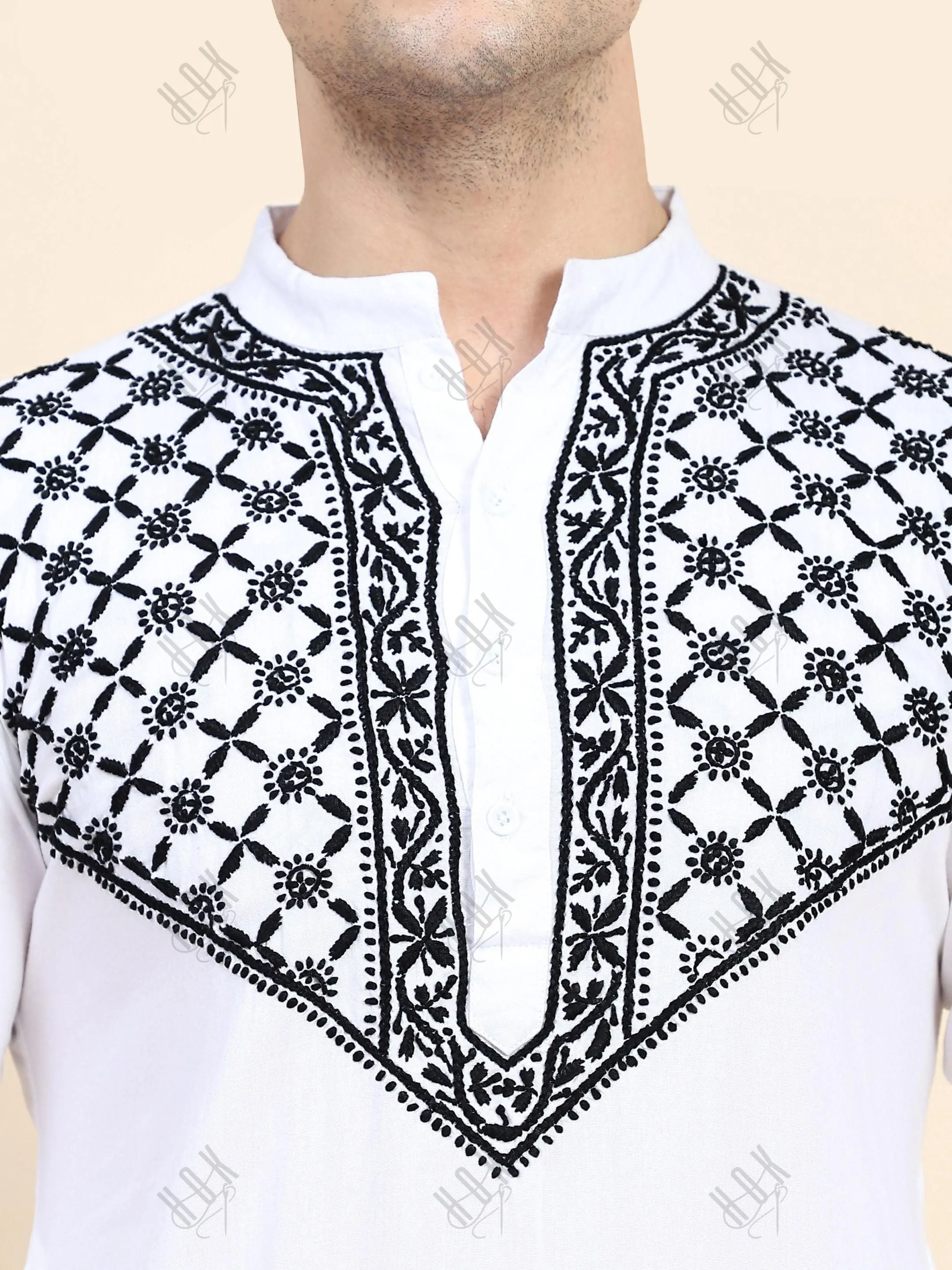 HOK Men's Chikankari Kurta in Rayon Cotton - White