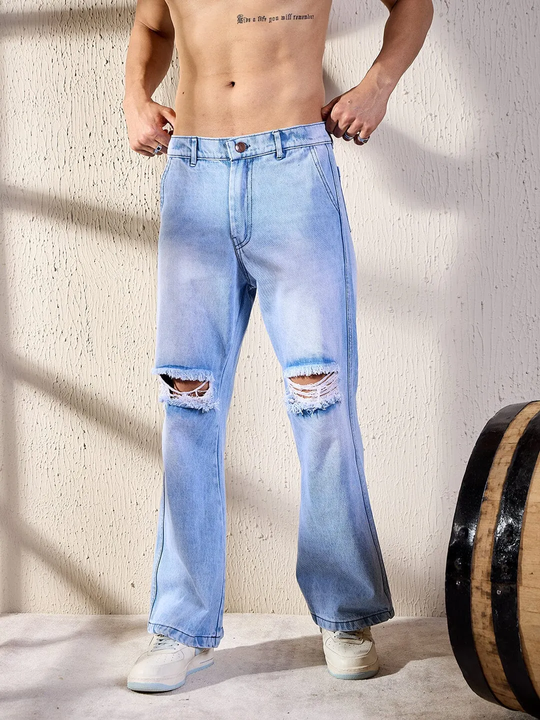 Ice Knee Ripped Flared Denim