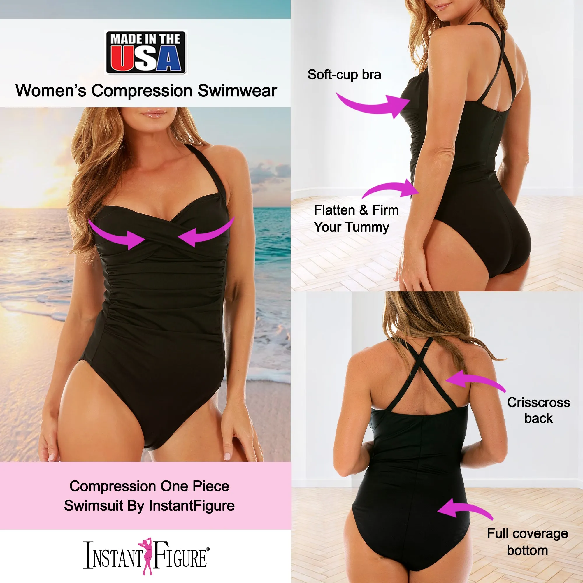 InstantFigure One Piece Shirred Twist Front Swimsuit 13594P