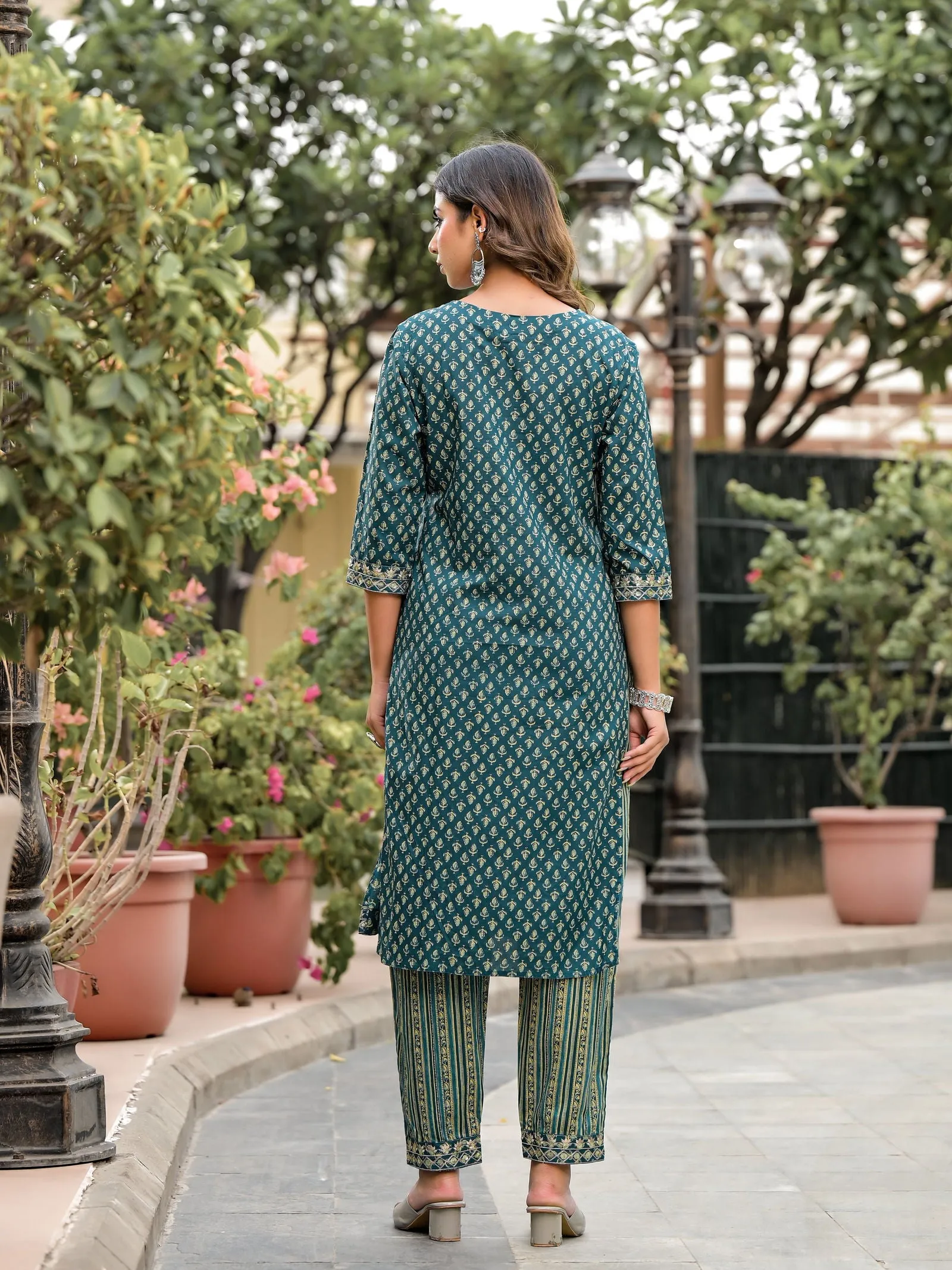 Juniper Green Ethnic Motif Printed Cotton Kurta, Pant And Dupatta Set With Zari Work & Sequins