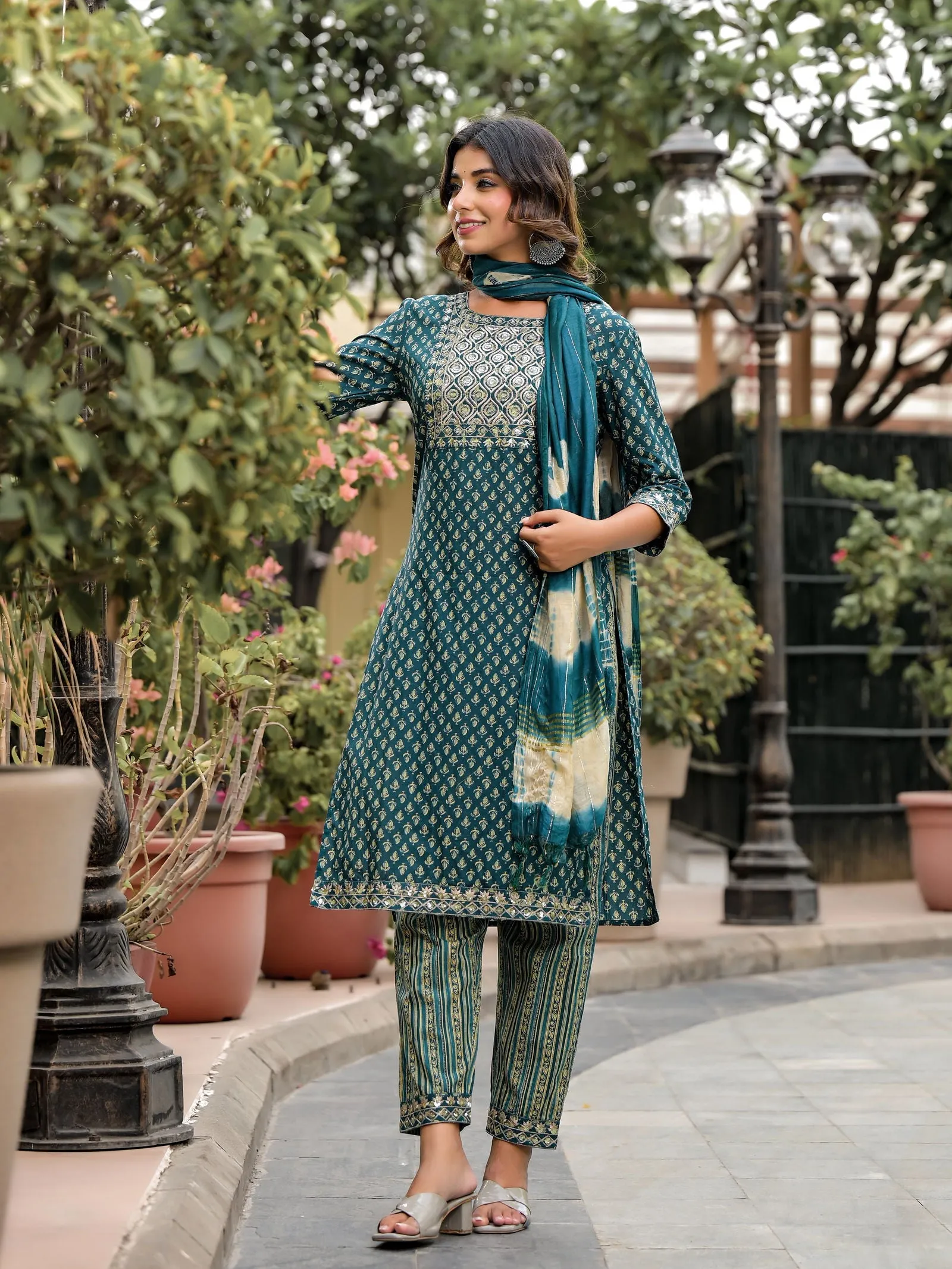 Juniper Green Ethnic Motif Printed Cotton Kurta, Pant And Dupatta Set With Zari Work & Sequins