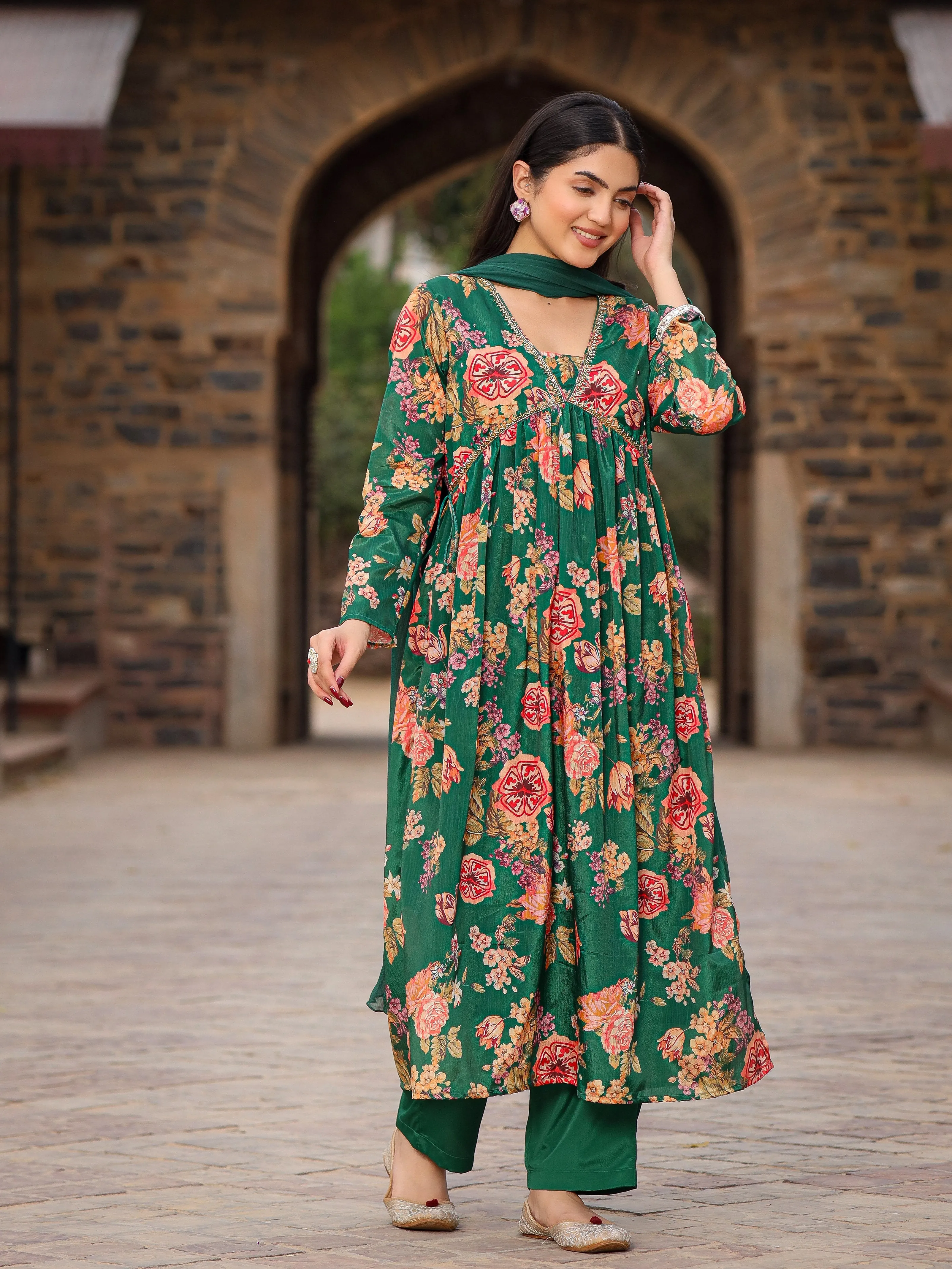 Juniper Green Floral Printed Poly Chinnon Kurta Pants & Dupatta Set With Mirror Work Embroidery