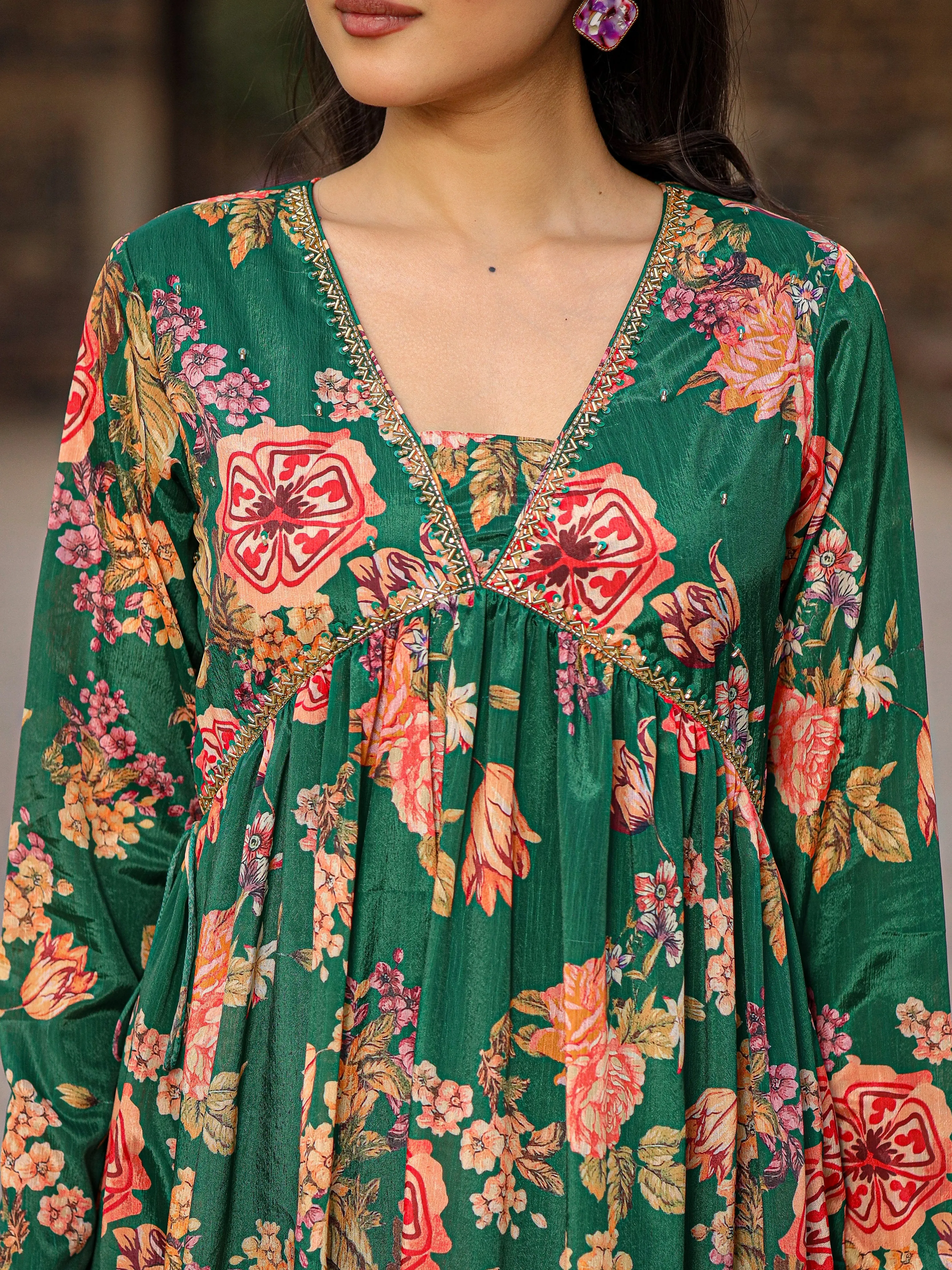 Juniper Green Floral Printed Poly Chinnon Kurta Pants & Dupatta Set With Mirror Work Embroidery