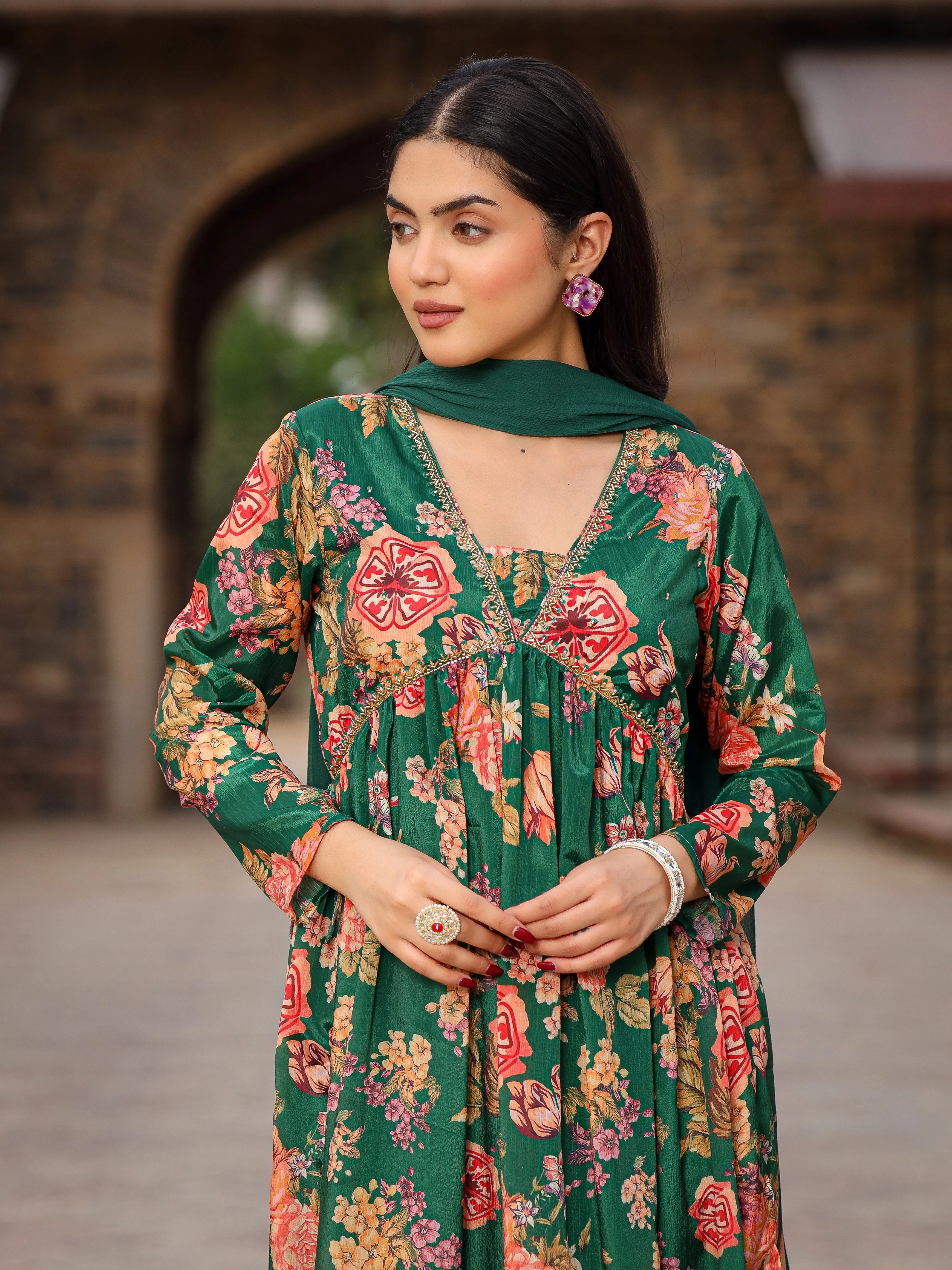 Juniper Green Floral Printed Poly Chinnon Kurta Pants & Dupatta Set With Mirror Work Embroidery