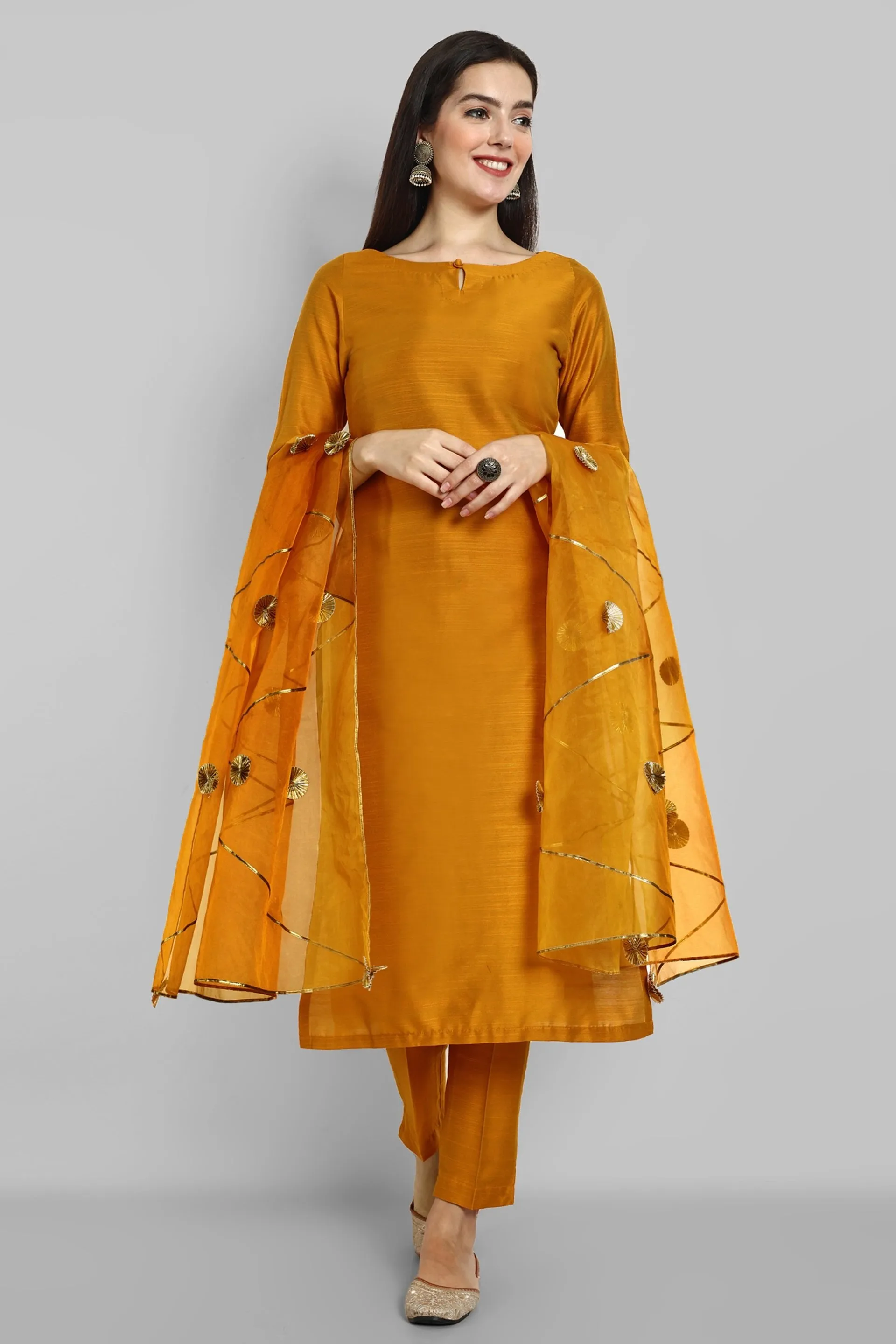 Key hole Goldenrod Mustard Boat Neck Style with elasticated pant and Organza Dupatta - Set of 3