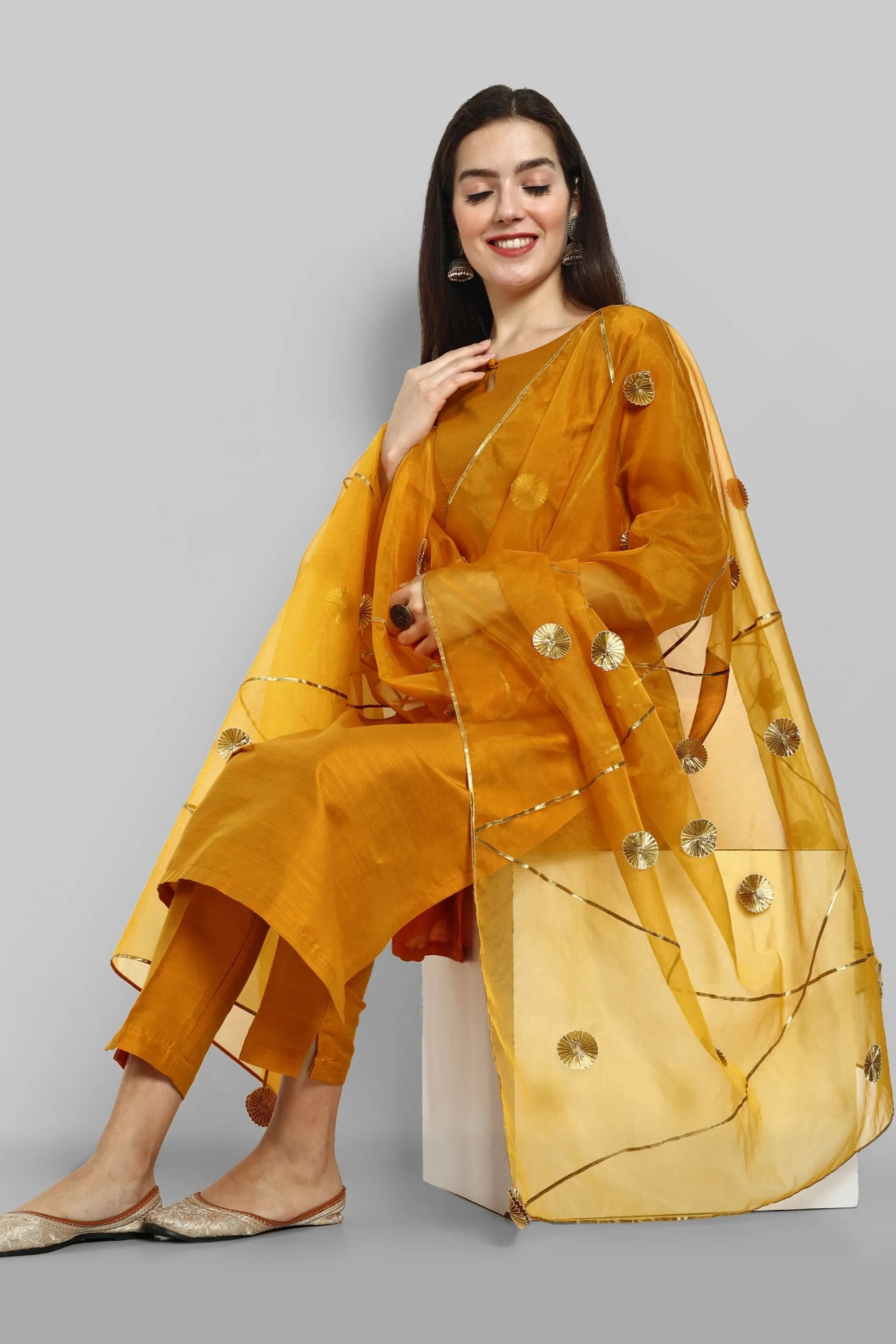 Key hole Goldenrod Mustard Boat Neck Style with elasticated pant and Organza Dupatta - Set of 3