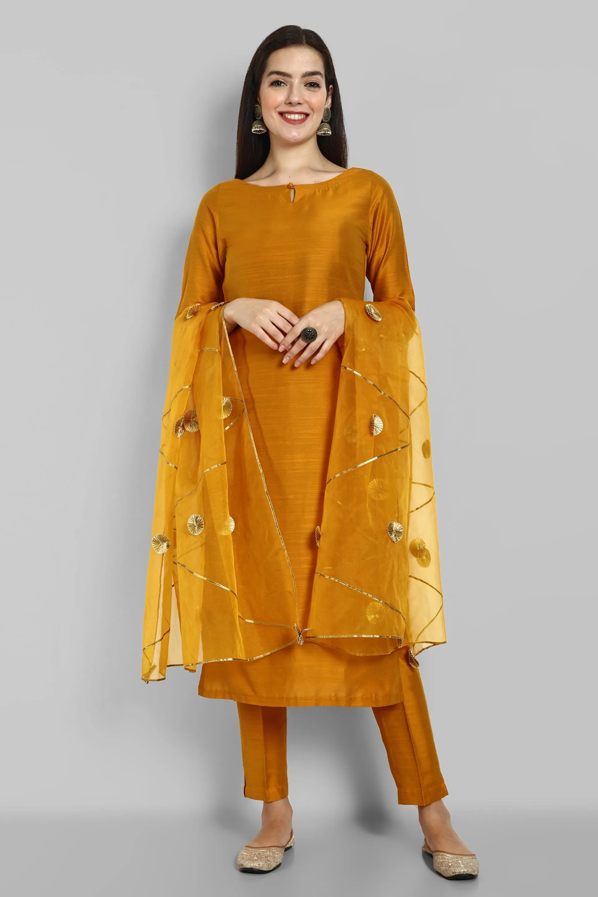 Key hole Goldenrod Mustard Boat Neck Style with elasticated pant and Organza Dupatta - Set of 3