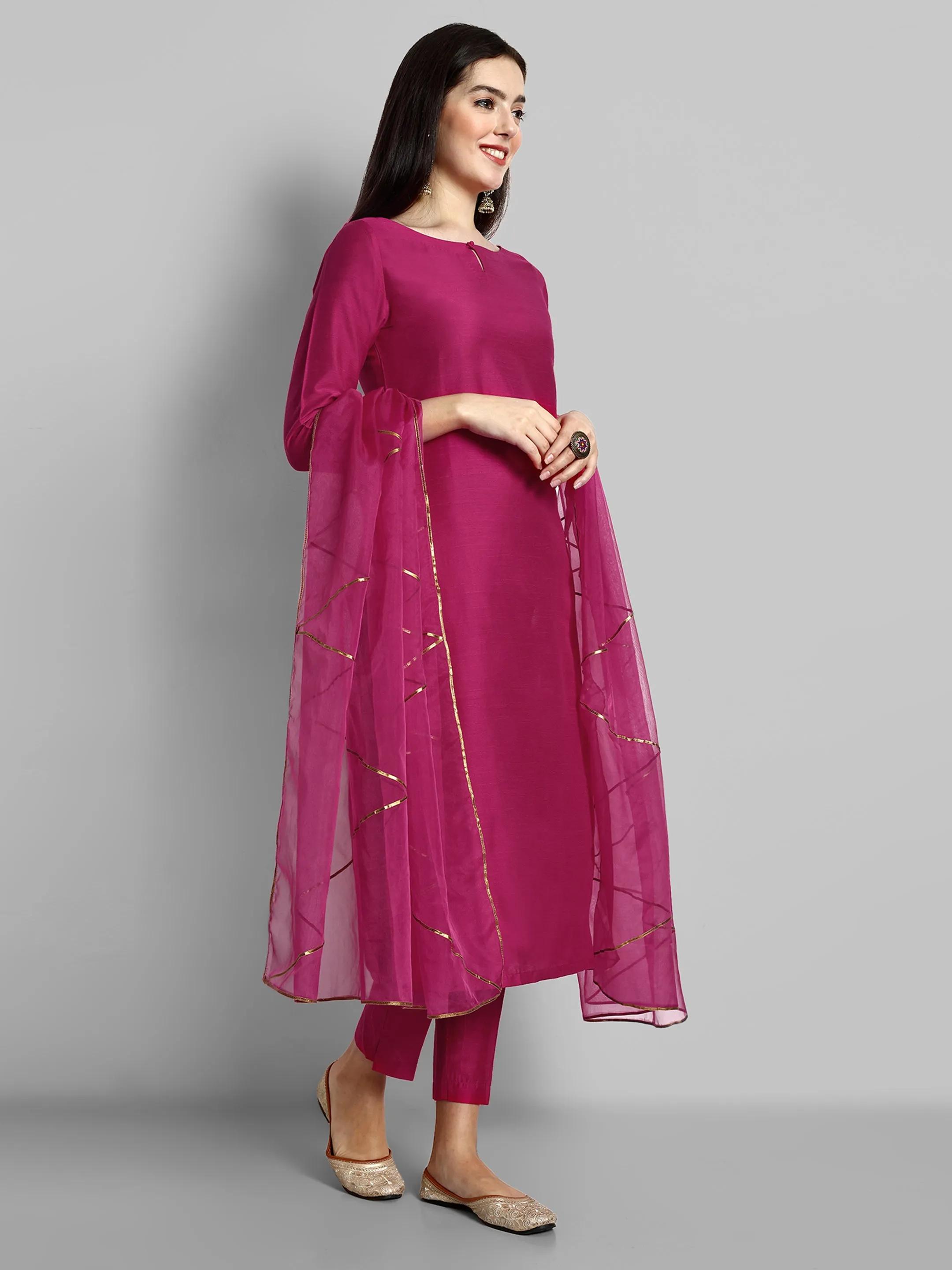 Key hole Hot Pink Boat Neck Style with elasticated pant and Organza Dupatta - Set of 3