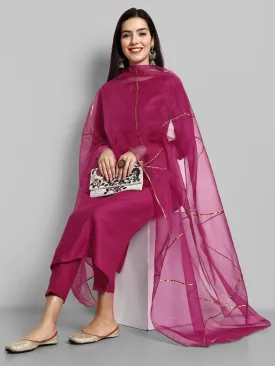 Key hole Hot Pink Boat Neck Style with elasticated pant and Organza Dupatta - Set of 3