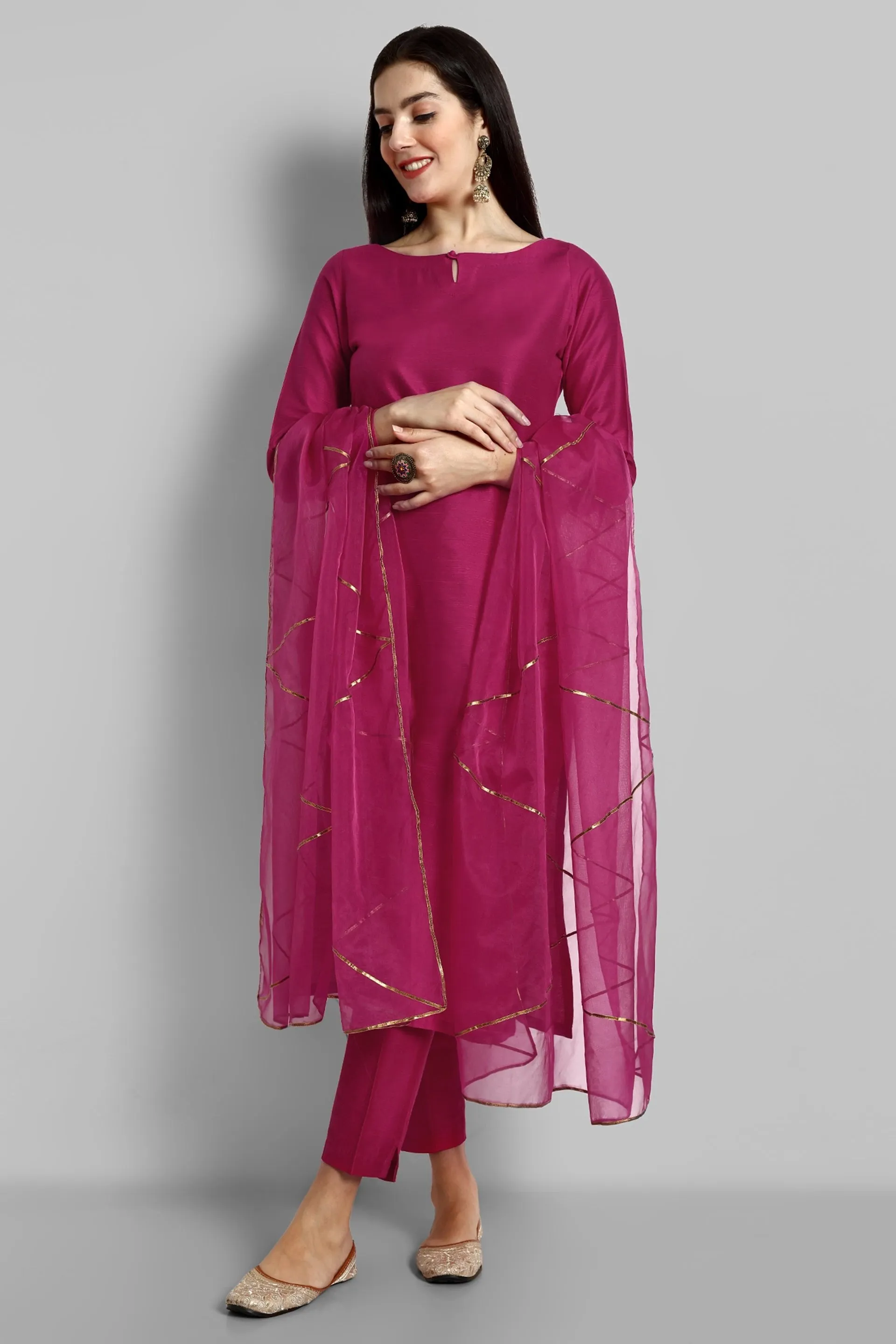 Key hole Hot Pink Boat Neck Style with elasticated pant and Organza Dupatta - Set of 3