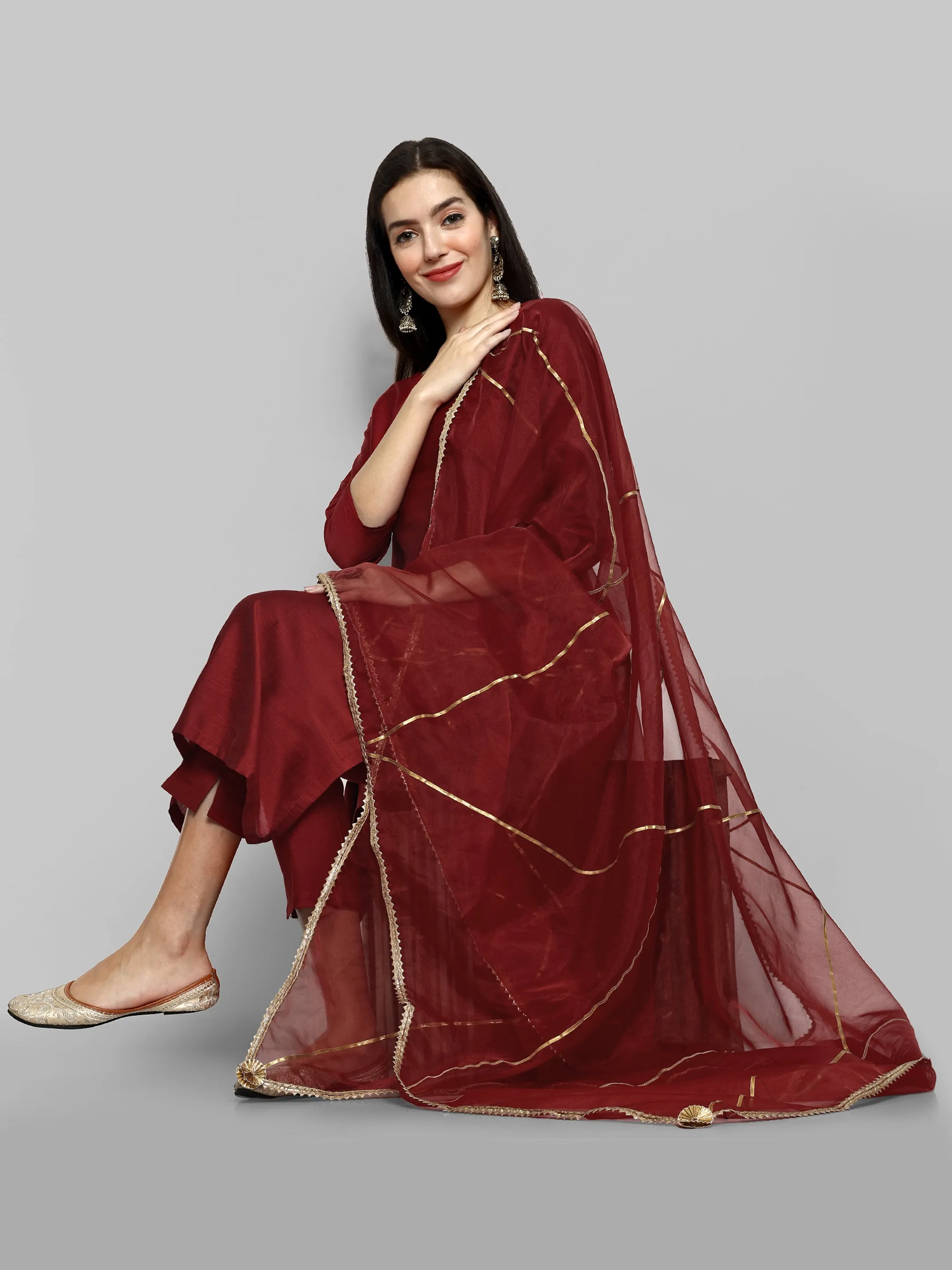 Key Hole Maroon Boat Neck kurta with elasticated Pant and Organza Dupatta - Set of 3