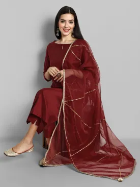 Key Hole Maroon Boat Neck kurta with elasticated Pant and Organza Dupatta - Set of 3