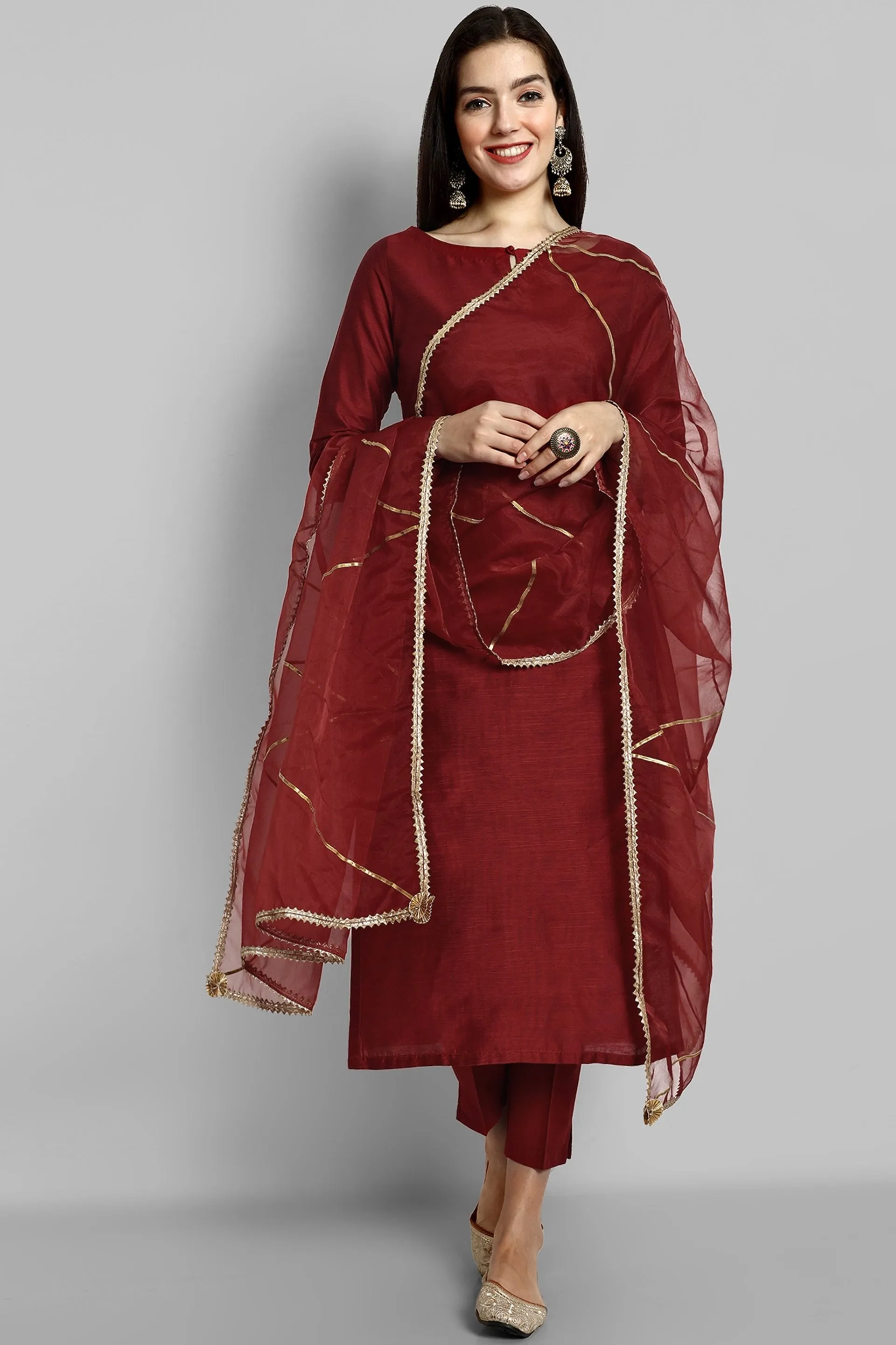 Key Hole Maroon Boat Neck kurta with elasticated Pant and Organza Dupatta - Set of 3