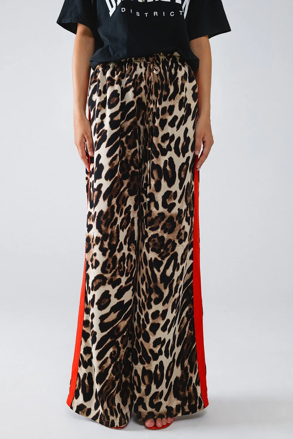 Leopard Straight Pants With Red Stripes