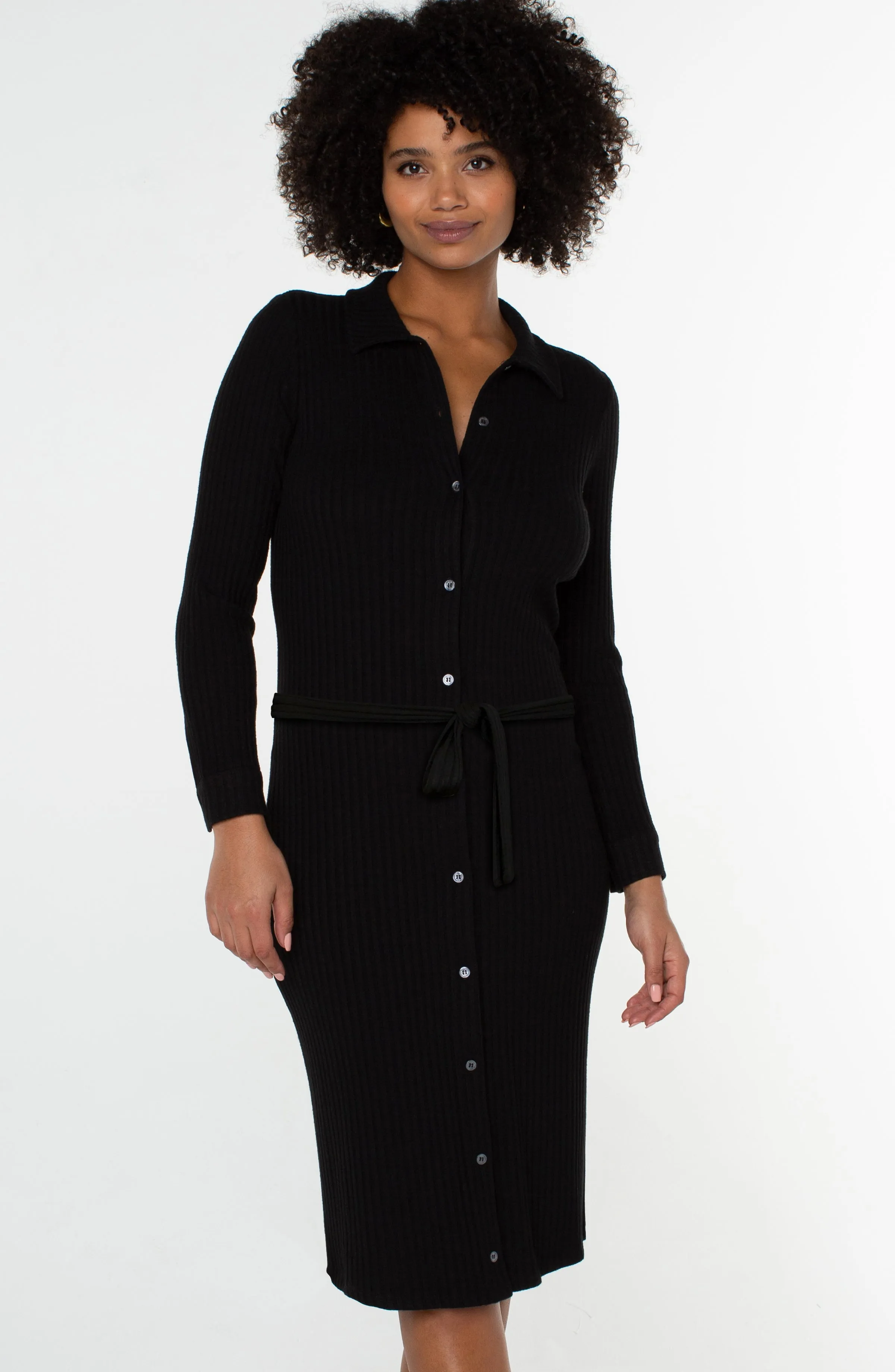 Liverpool Button Front Long Sleeve Knit Shirt Dress (Black)