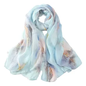 Long Silk Chiffon Scarf Light Blue Theme Floral Print SCH314