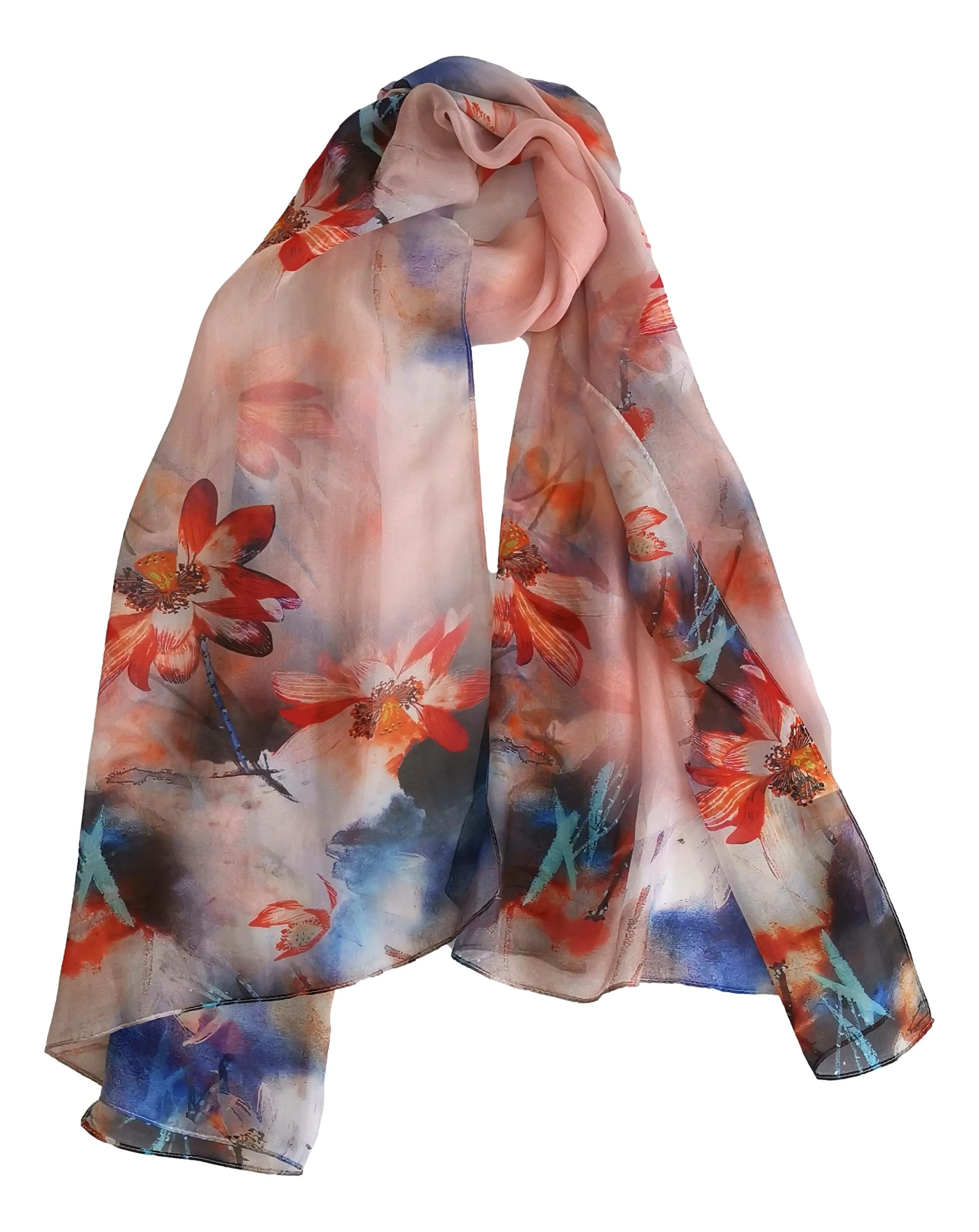 Long Silk Chiffon Scarf Pink and Blue Floral Print SCH319