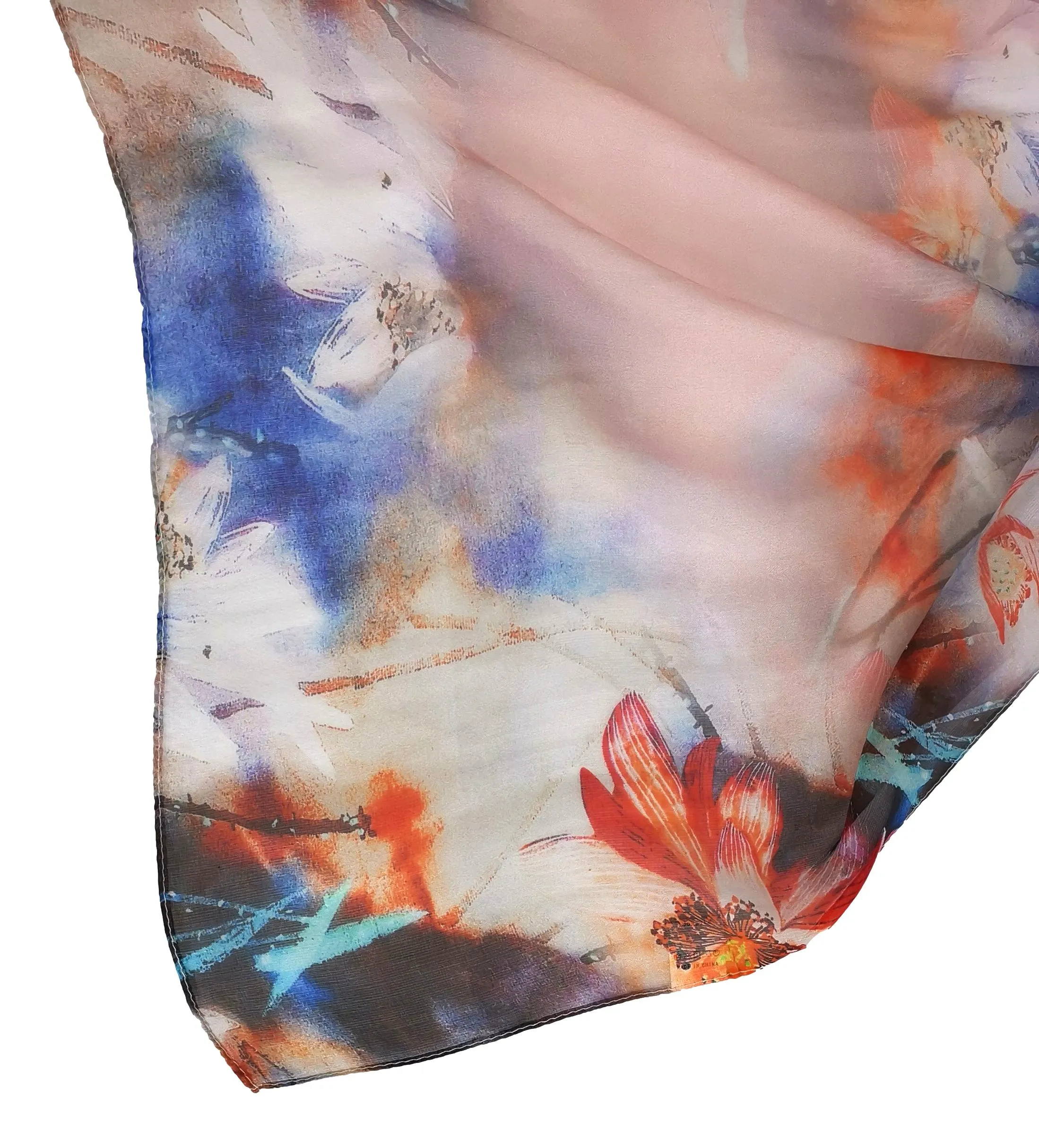 Long Silk Chiffon Scarf Pink and Blue Floral Print SCH319