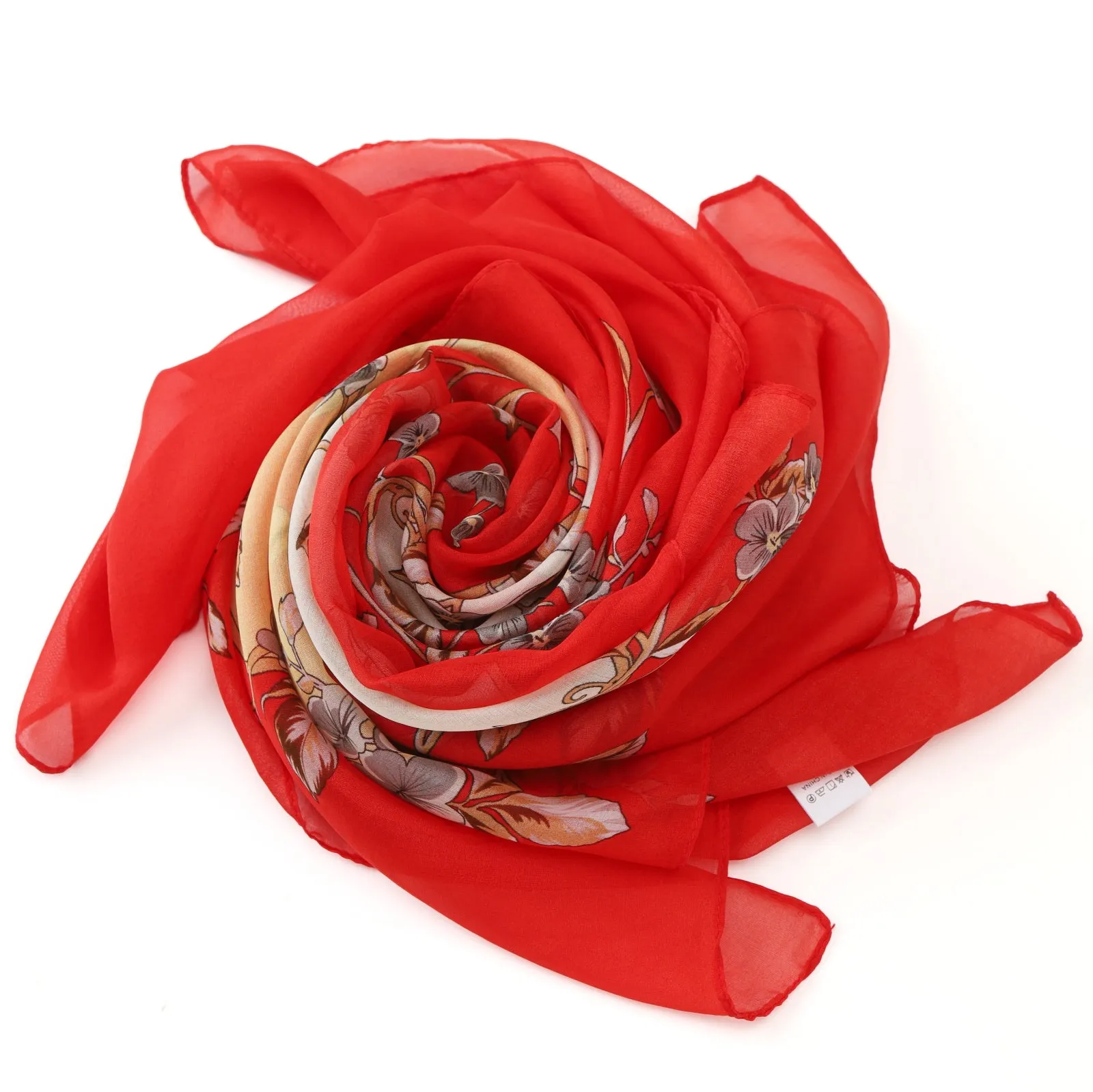 Long Silk Chiffon Scarf Red Theme Floral Print SCH321