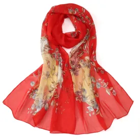 Long Silk Chiffon Scarf Red Theme Floral Print SCH321