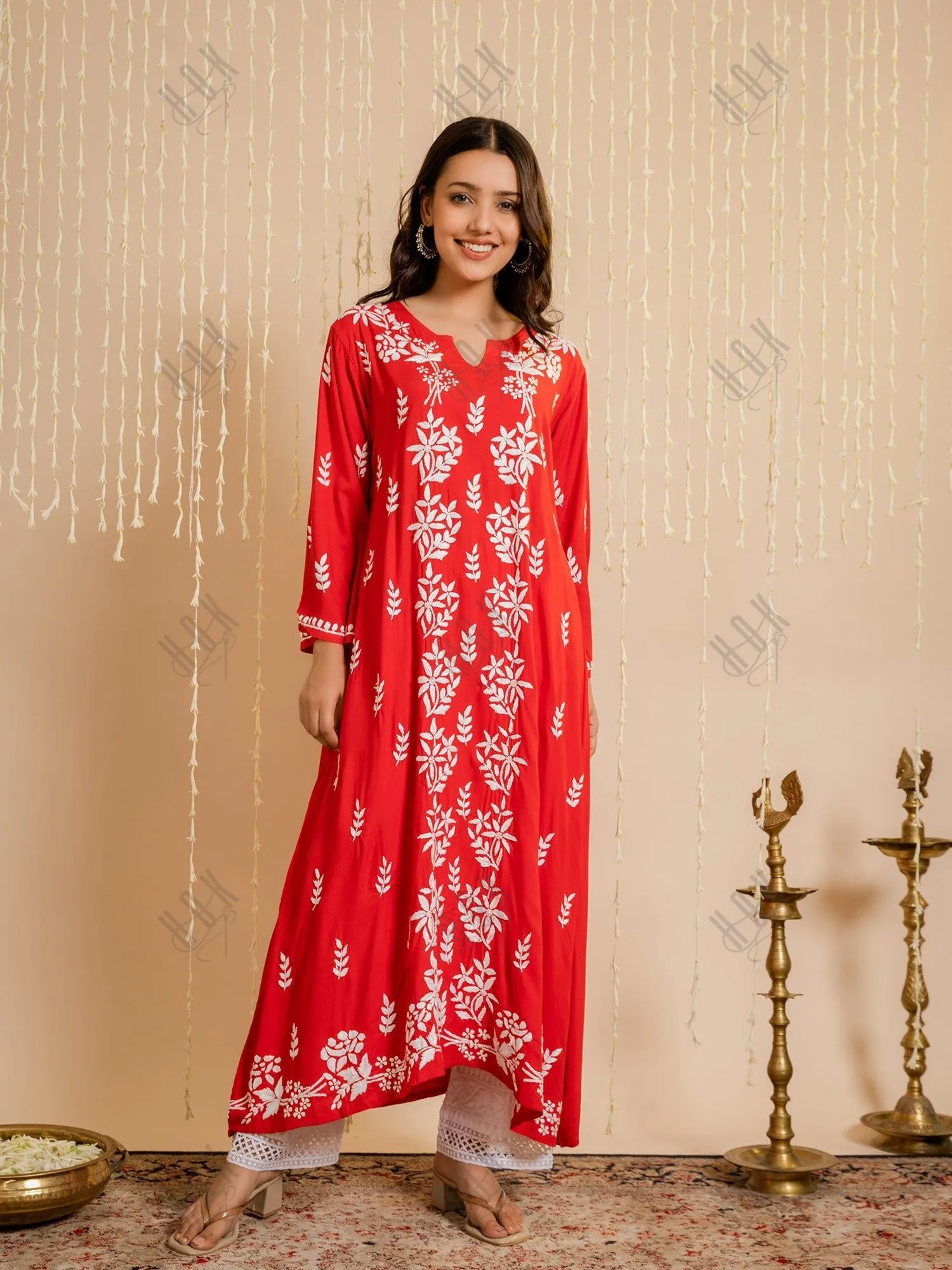 Mahima in Fizaa Rayon Cotton Chikankari Kurta - Red