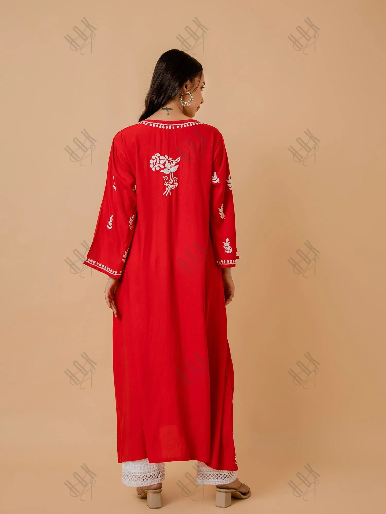 Mahima in Fizaa Rayon Cotton Chikankari Kurta - Red