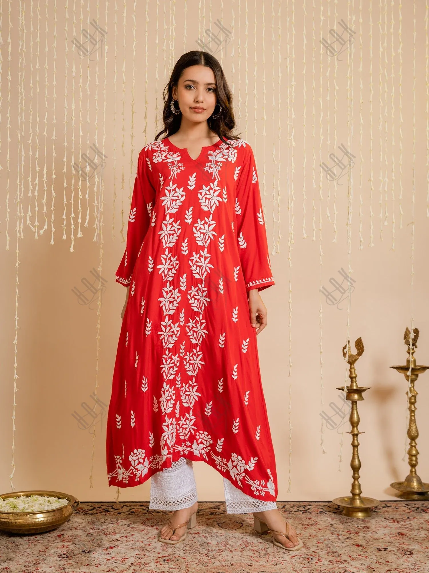 Mahima in Fizaa Rayon Cotton Chikankari Kurta - Red